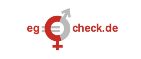 Siegel mit Aufschrift "eg.check.de" und kreisförmigen Symbolen für Mann und Frau in grau und rot überlagert.