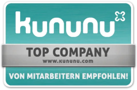 Blaues Kununu Siegel mit dem Text "Top Company. Von Mitarbeitenden empfohlen."